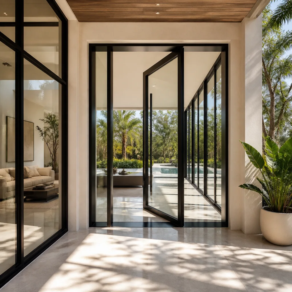 Modern black luxury pivot front door and glass entryway