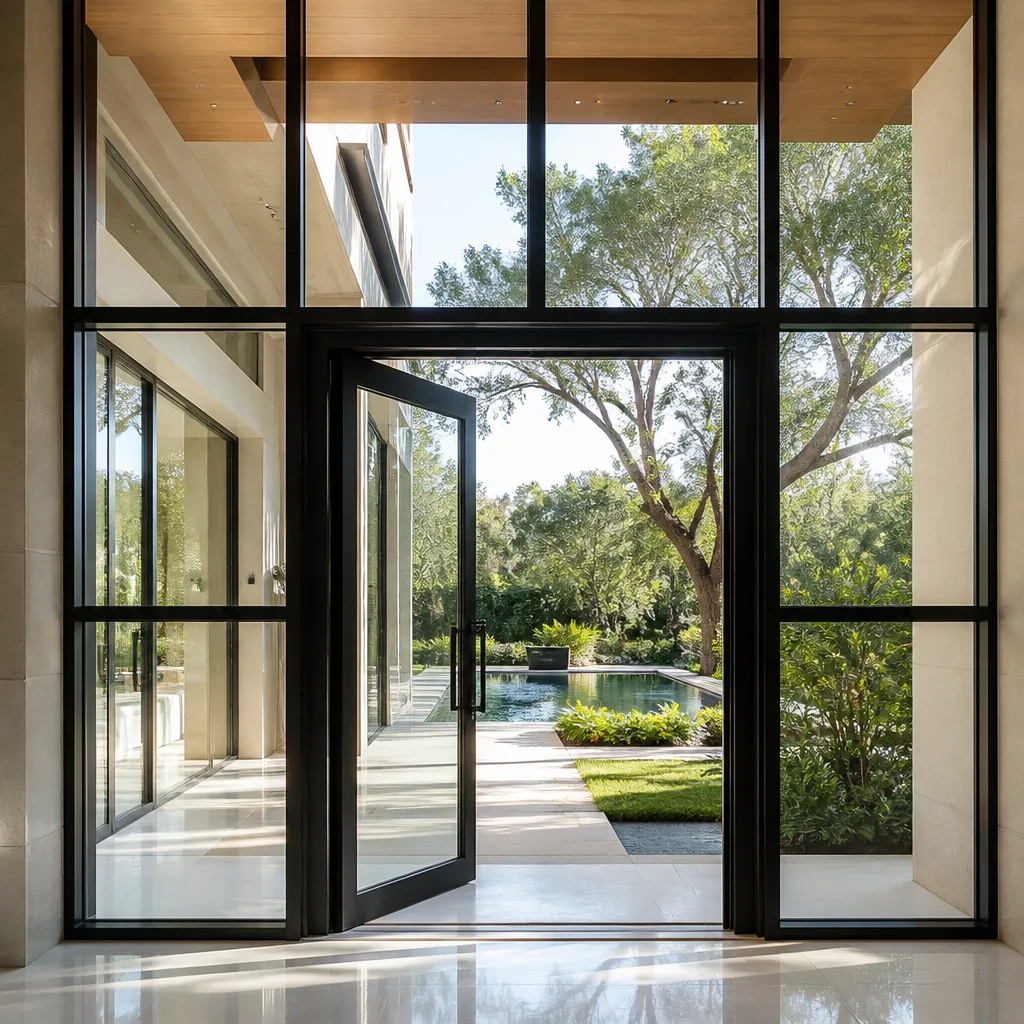 Modern black-framed glass front door opening to a landscaped backyard pool area