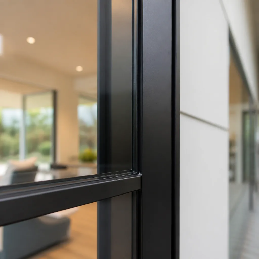 Modern black-framed front door replacement featuring high-quality glass installation.