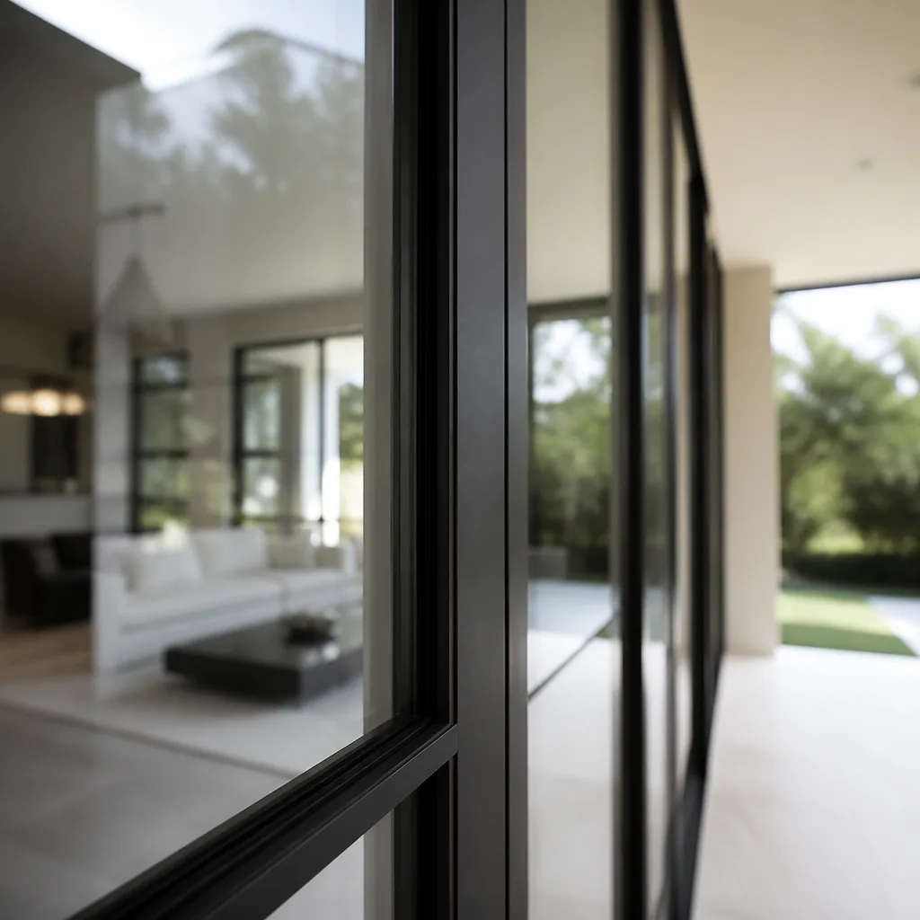 Modern black-framed sliding glass door with a view into a living room