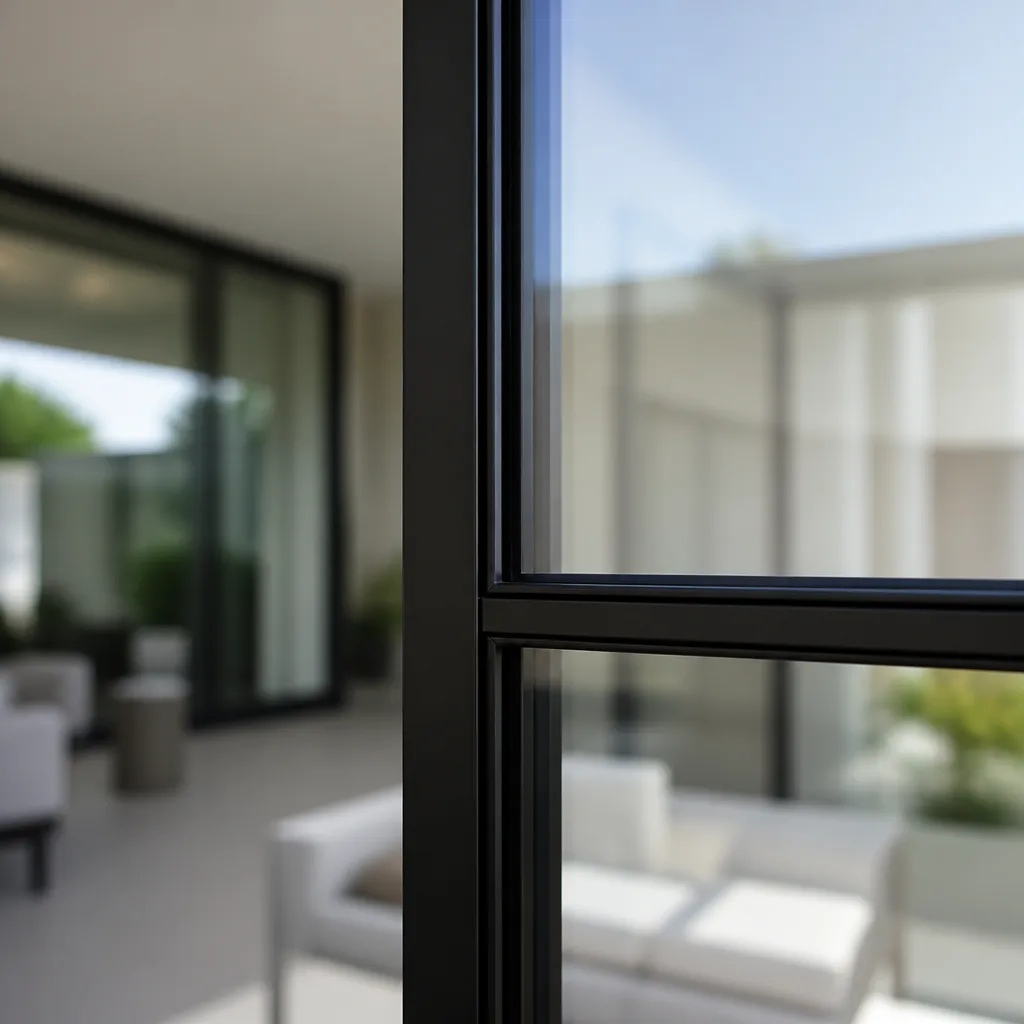 Modern black-framed window and door system closeup