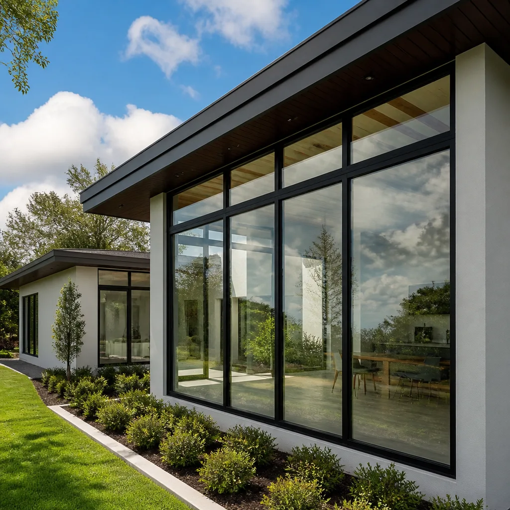 Modern home exterior with floor-to-ceiling glass windows and doors