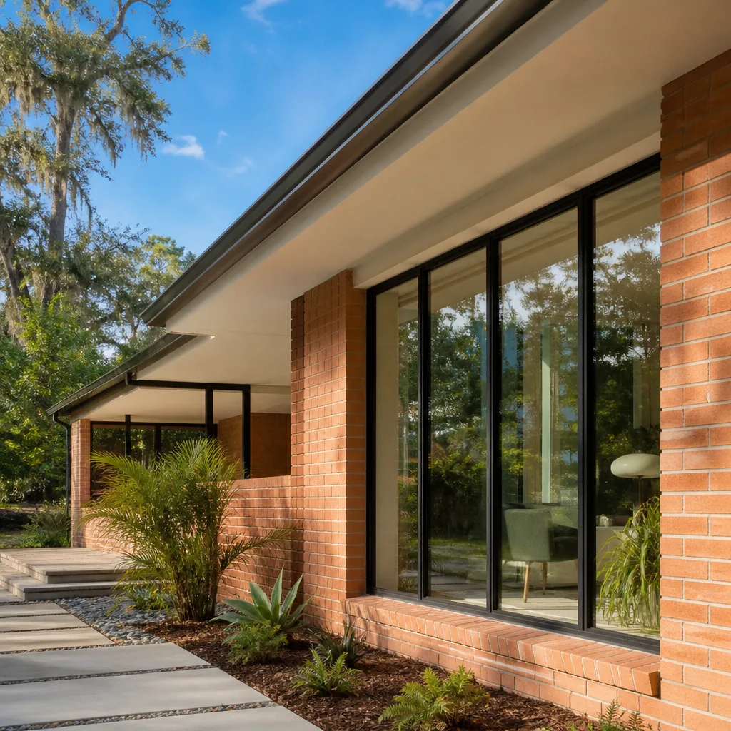 Modern home exterior featuring high-quality black-framed window replacements