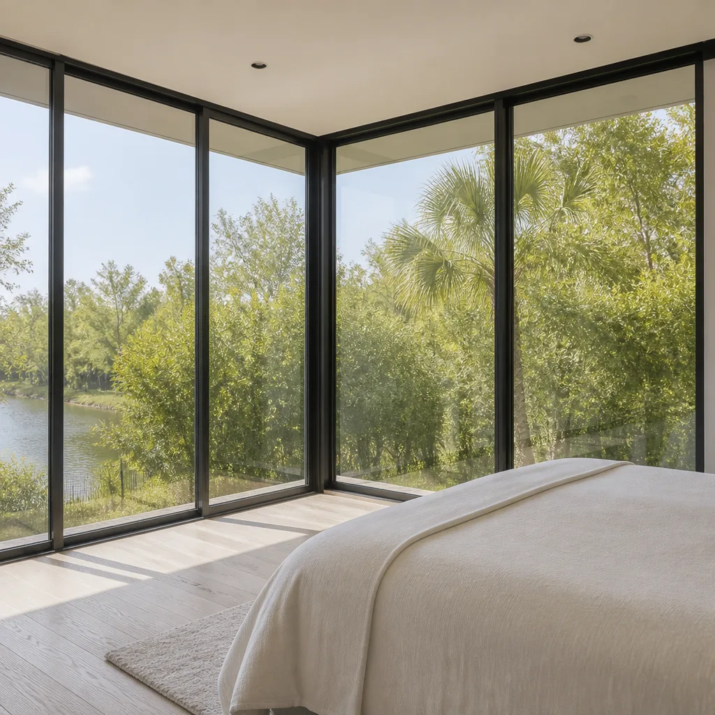 Modern corner floor-to-ceiling window installation in a bright bedroom