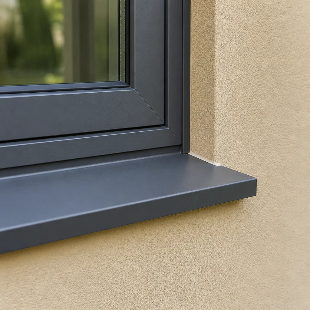 Modern dark grey window frame installed on a beige exterior wall.